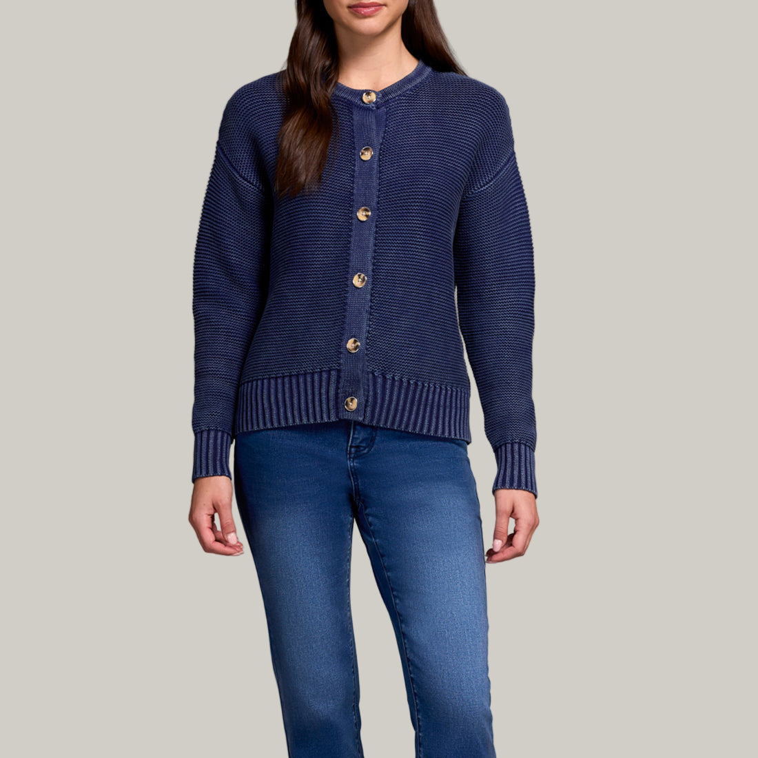 Tribal - Cotton Yarn Button-Front Cardigan With Special Wash