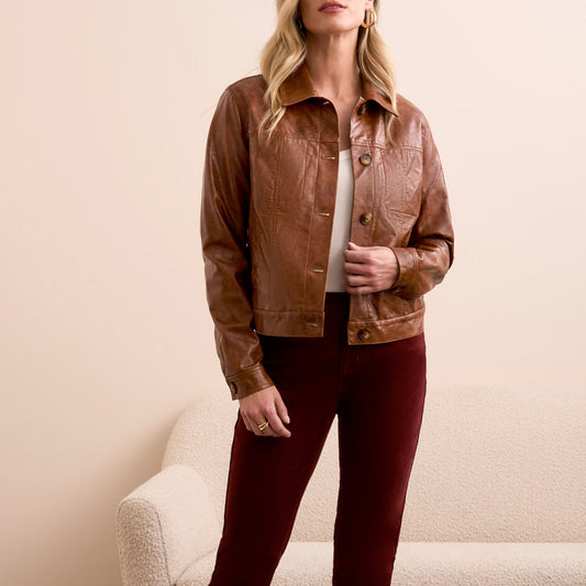 Tribal - Faux Leather Button-Front Collar-Accent Jacket