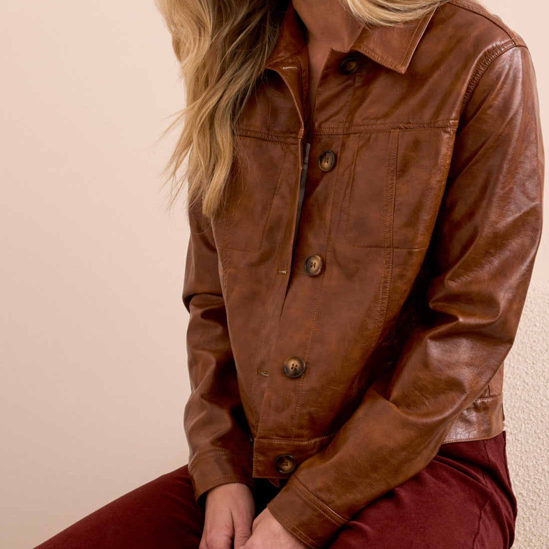 Tribal - Faux Leather Button-Front Collar-Accent Jacket