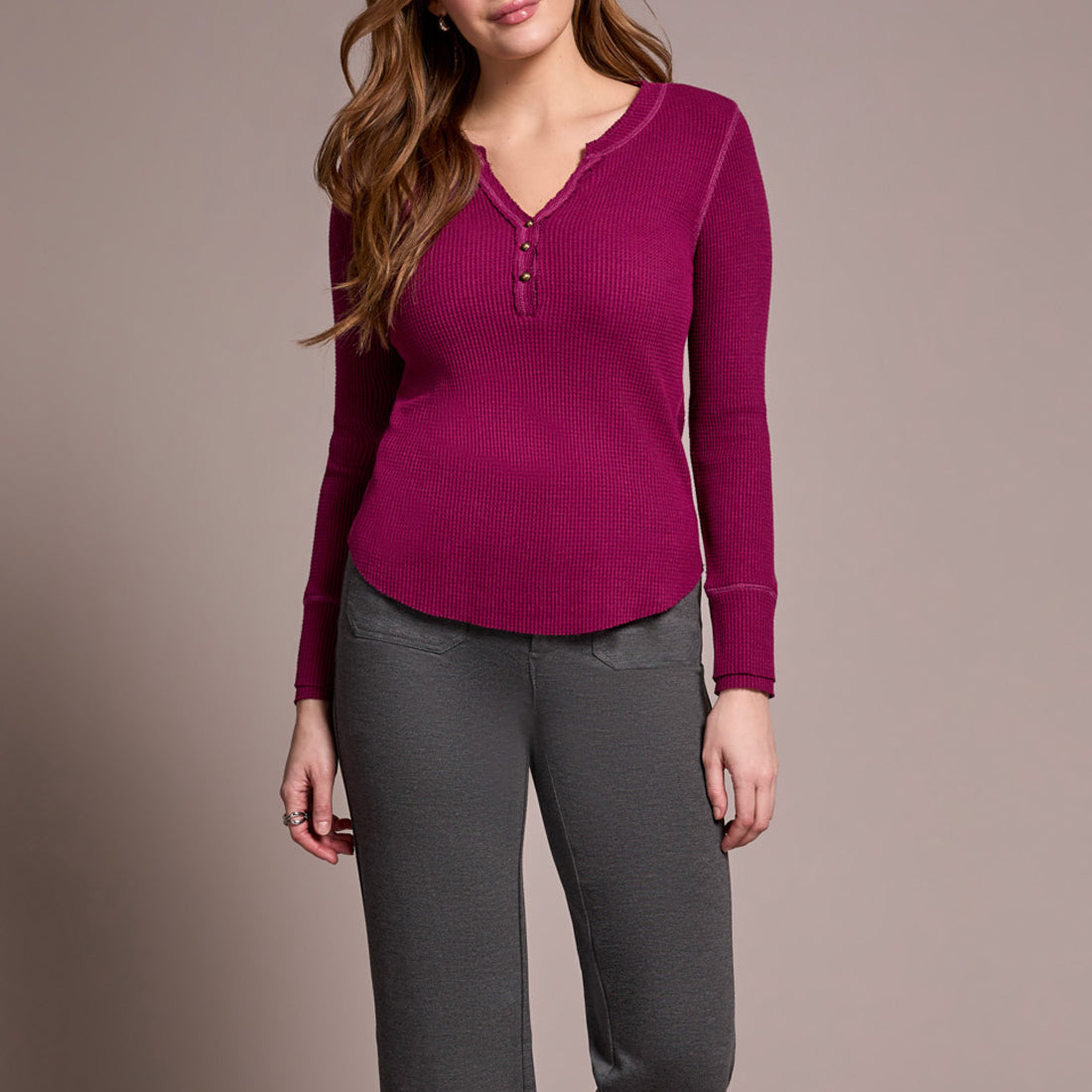 Tribal - Brushed Waffle Knit Henley Long Sleeve Top