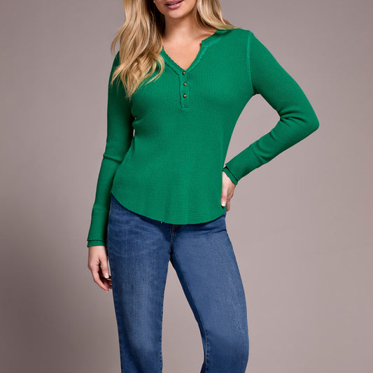 Tribal - Brushed Waffle Knit Henley Long Sleeve Top