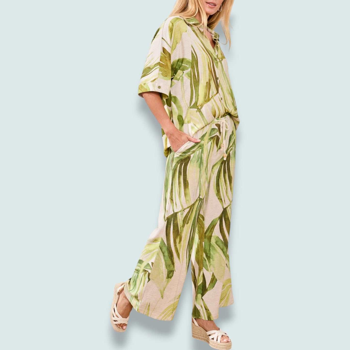Tribal - Mint-Leaf Pintuck Wide-Leg Pant