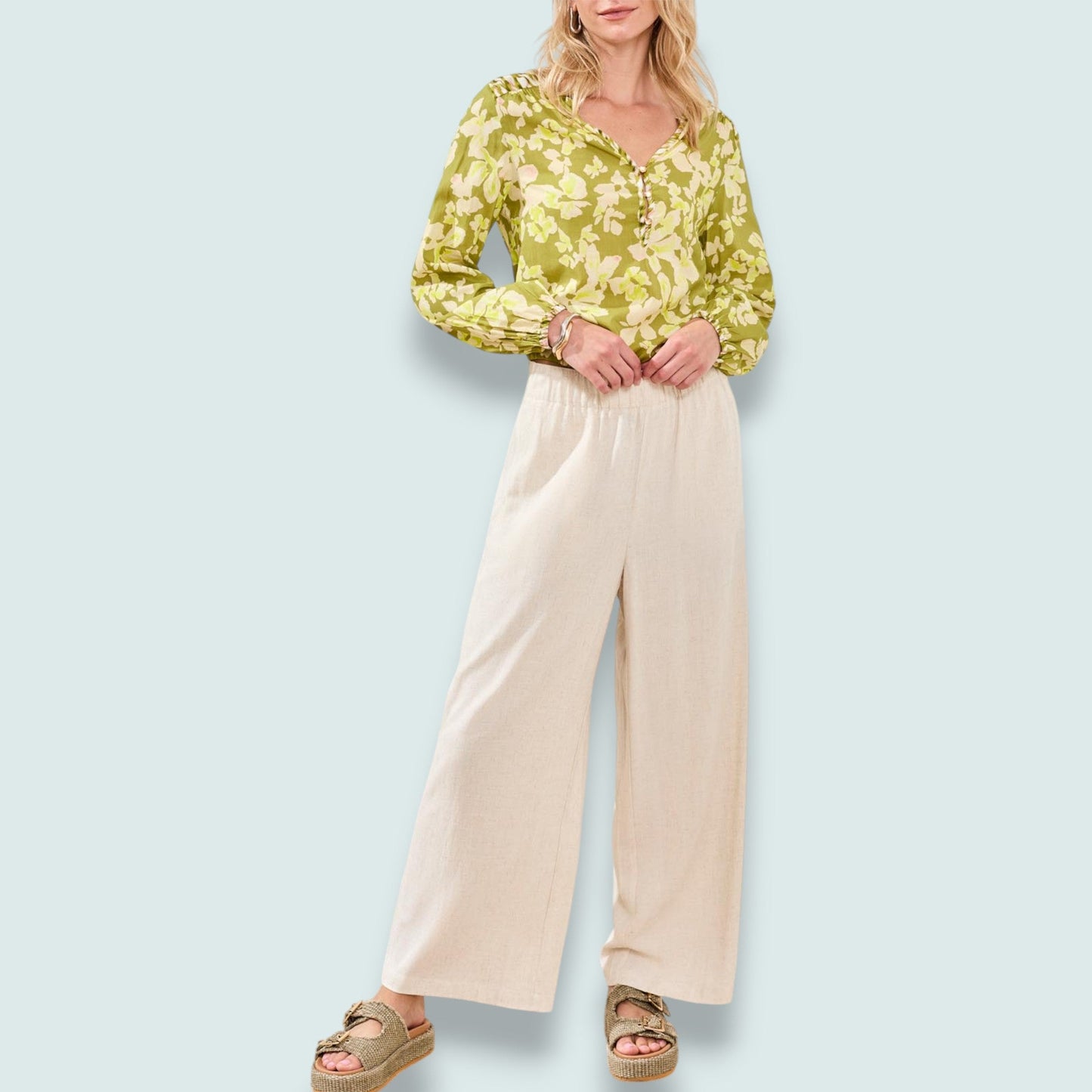 Tribal - Natural Linen-Blend Wide-Leg Pant