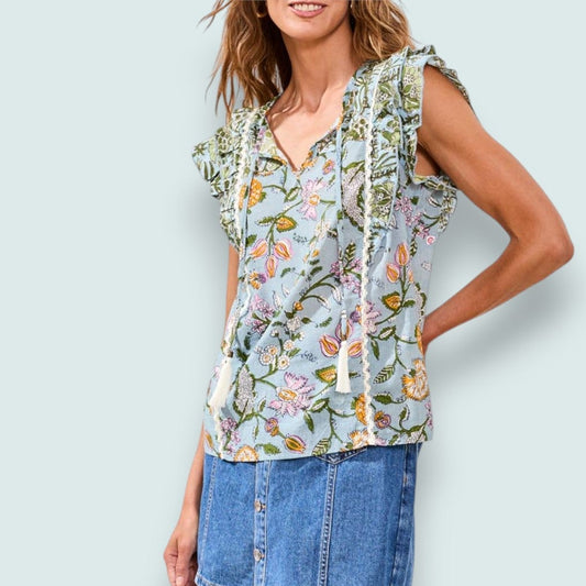 Tribal - Poplin Blouse With Frill Cap Sleeves