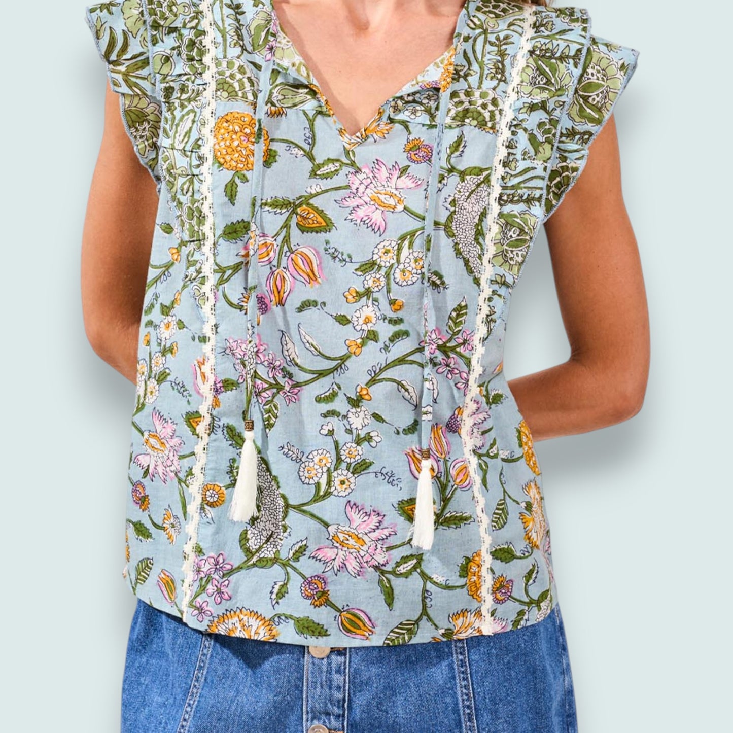 Tribal - Poplin Blouse With Frill Cap Sleeves