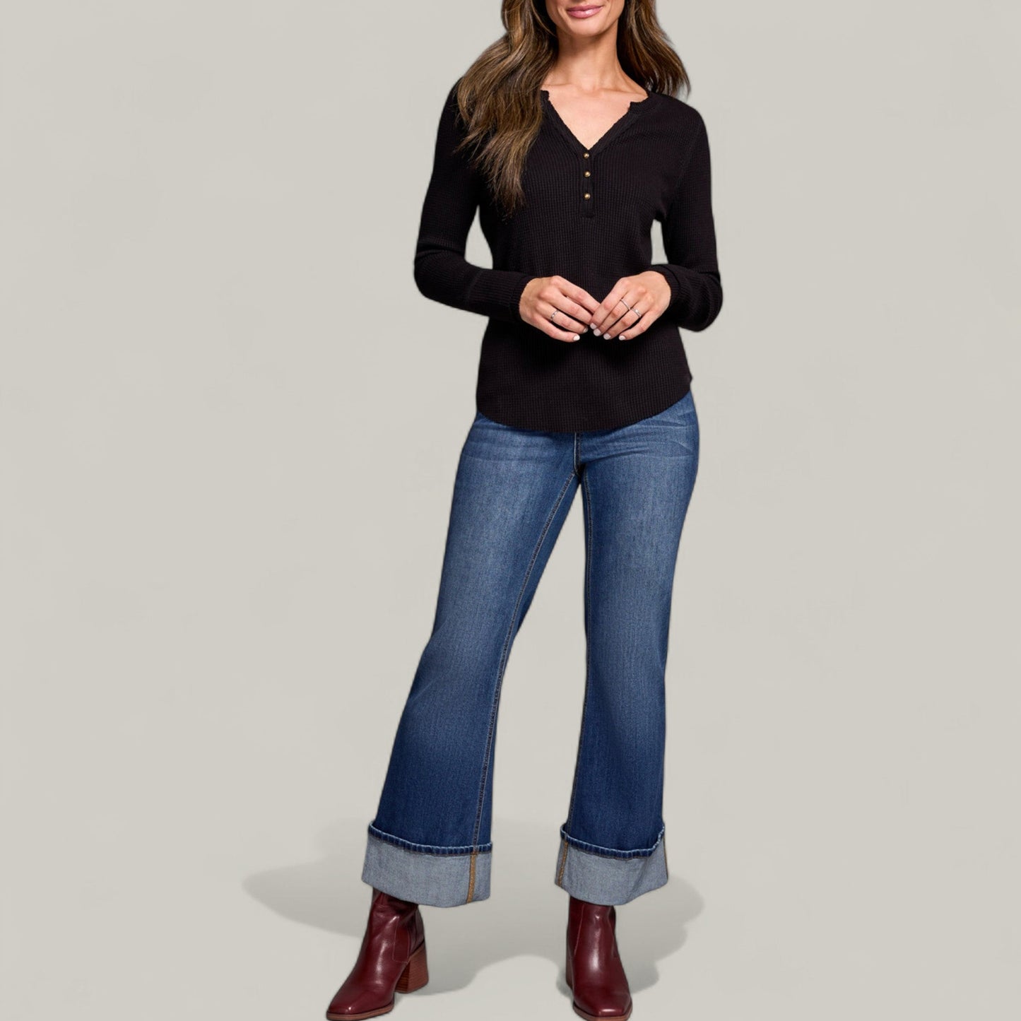 Tribal - Brushed Waffle Knit Henley Long Sleeve Top