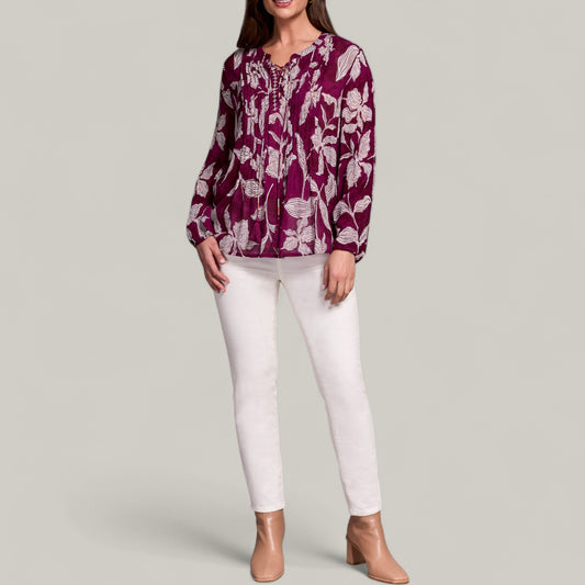 Tribal - Printed Jacquard Pintuck-Front Blouse