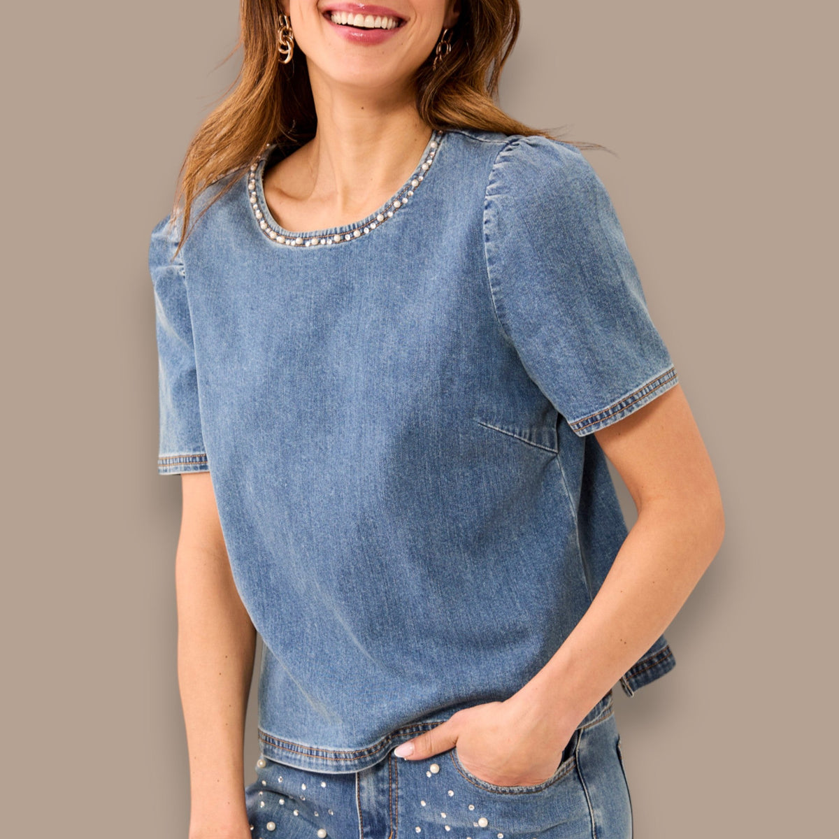 Tribal - Pearl-Trim Denim Top