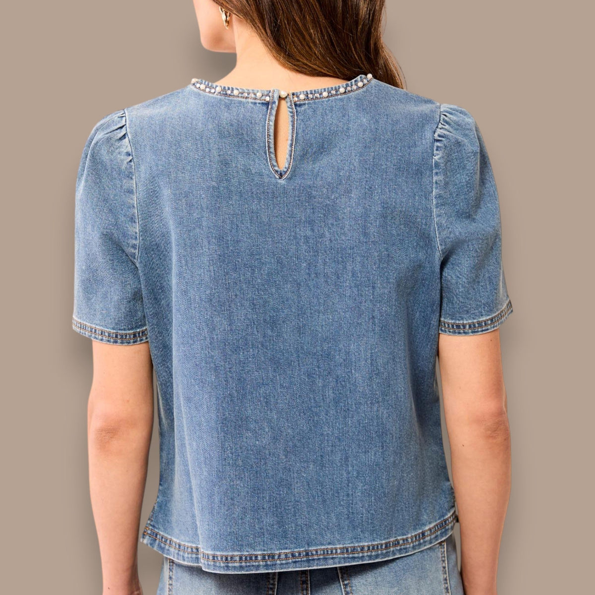 Tribal - Pearl-Trim Denim Top