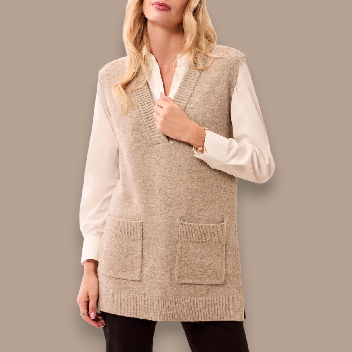 Tribal - Longline V-Neck Sweater Vest With Pockets