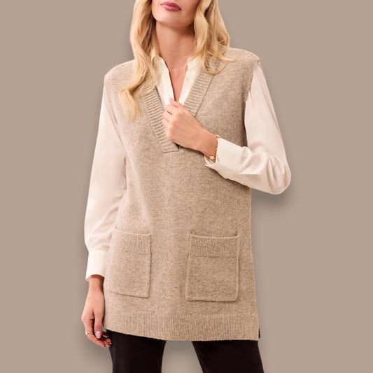 Tribal - Longline V-Neck Sweater Vest With Pockets