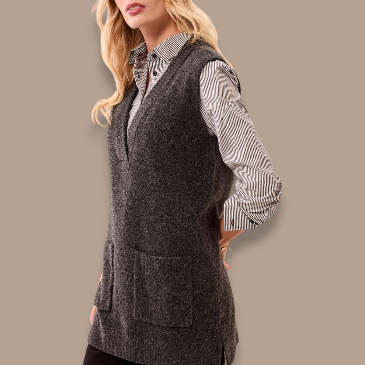 Tribal - Longline V-Neck Sweater Vest With Pockets