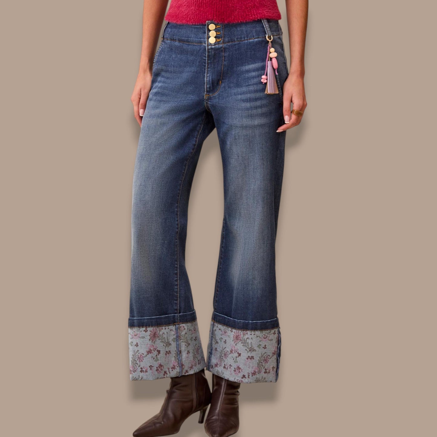 Tribal - Audrey Printed-Cuff Palazzo Jeans