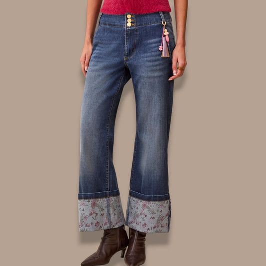 Tribal - Audrey Printed-Cuff Palazzo Jeans