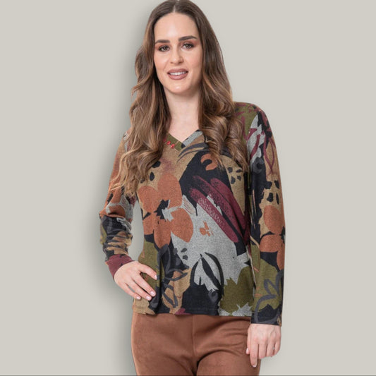 Bali - Abstract Print V-Neck Long Sleeve Top