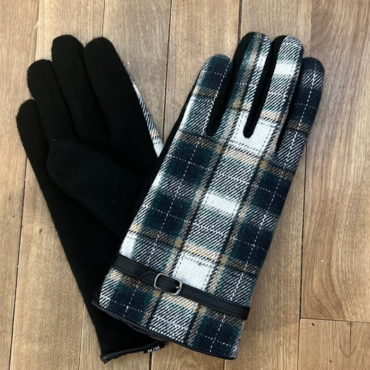 Marron - Plaid Gloves With Belt Detail